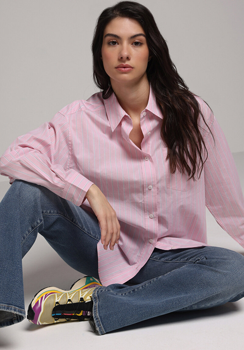 Oversize Fit Shirt Neck Çizgili Kadın Pembe Uzun Kol Gömlek