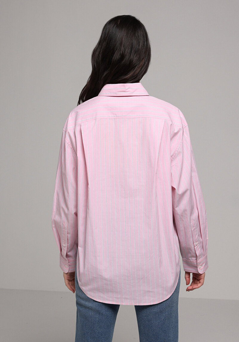 Oversize Fit Shirt Neck Çizgili Kadın Pembe Uzun Kol Gömlek