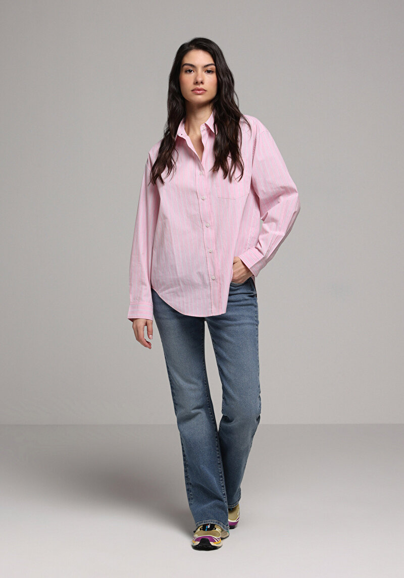 Oversize Fit Shirt Neck Çizgili Kadın Pembe Uzun Kol Gömlek