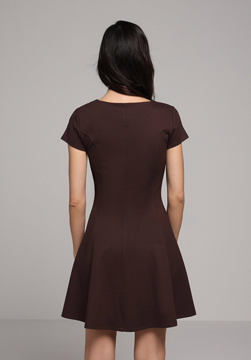 Slim Fit Düz Kadın Kahverengi Kısa Kol Elbise