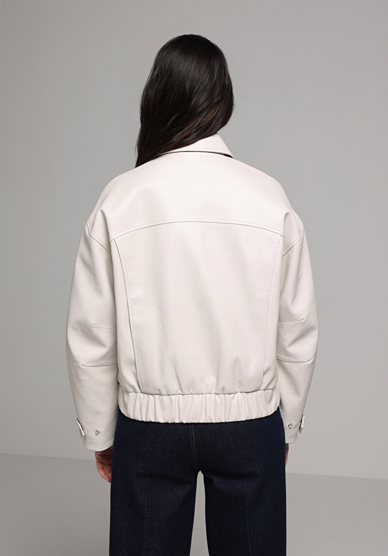 Regular Fit Polo Yaka Fermuarlı Astarlı Kaplamalı Kadın Ekru Mont Pu