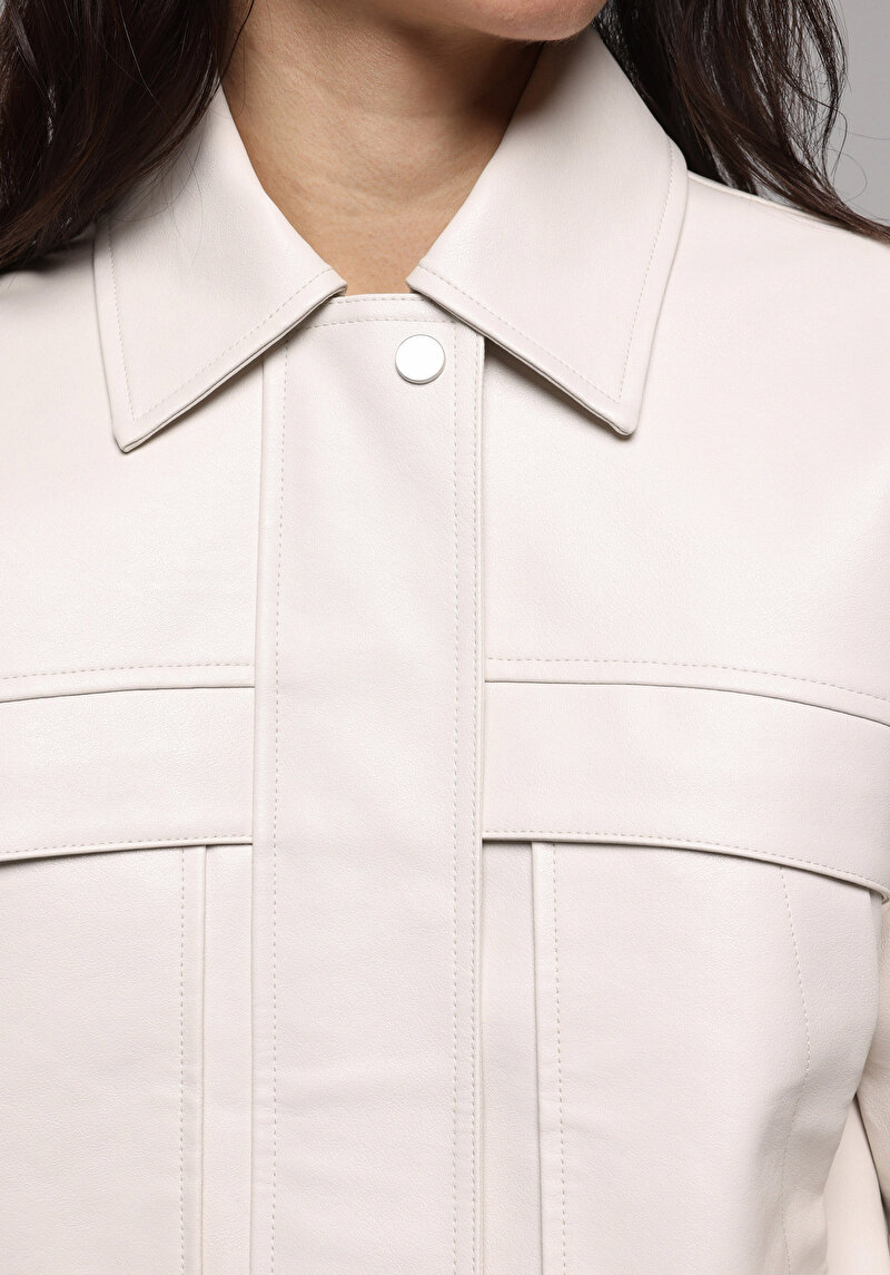 Regular Fit Polo Yaka Fermuarlı Astarlı Kaplamalı Kadın Ekru Mont Pu