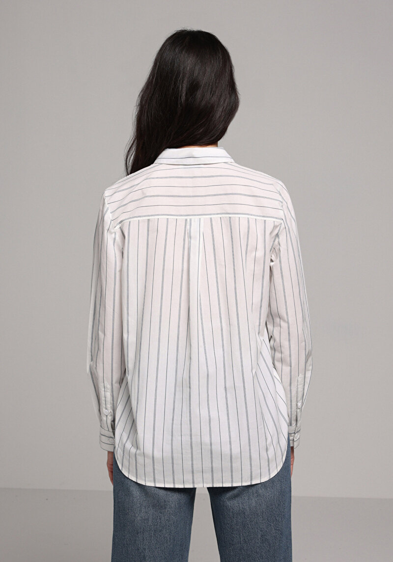 Regular Fit Shirt Neck Çizgili Kadın Beyaz Uzun Kol Gömlek