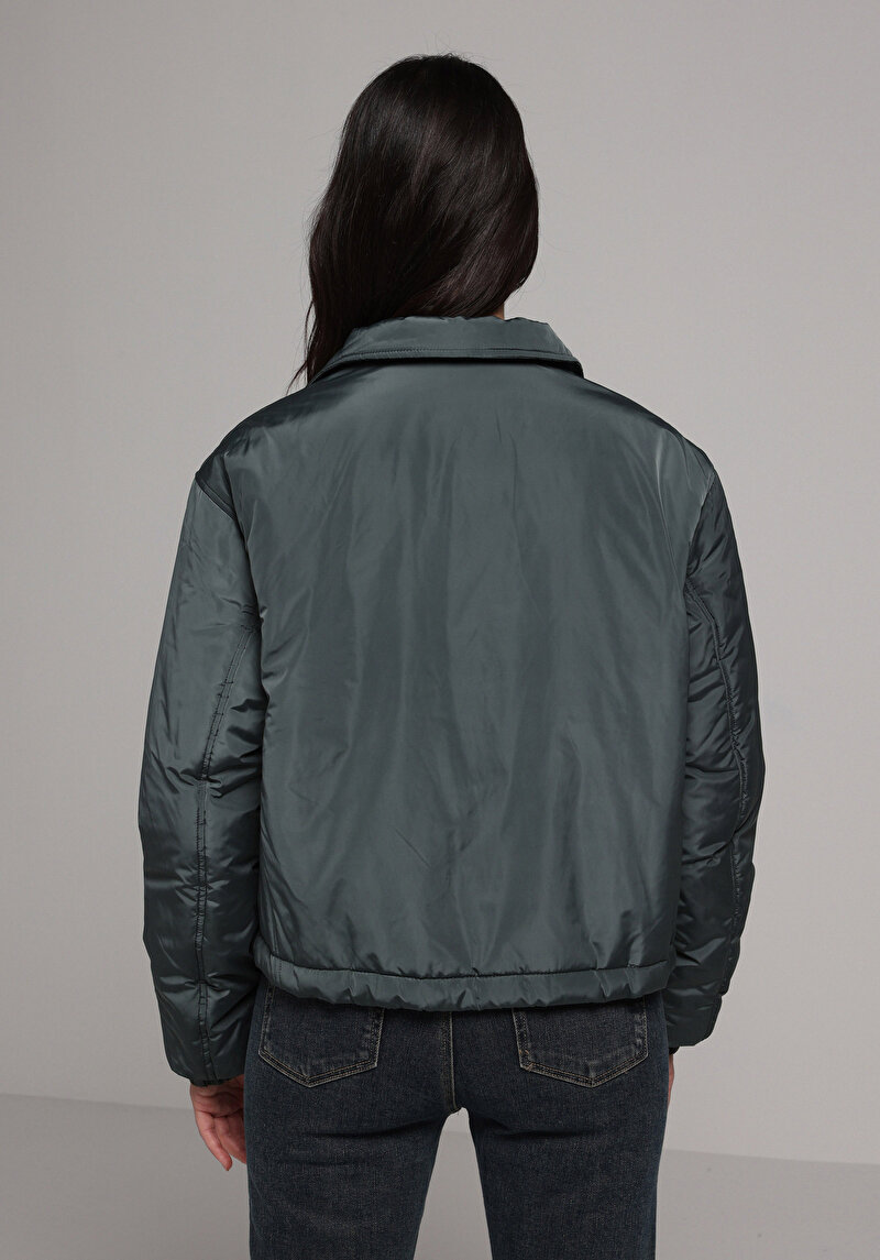 Regular Fit Polo Yaka Çıtçıtlı Astarlı Suya Dayanıklı Kadın Yeşil Mont