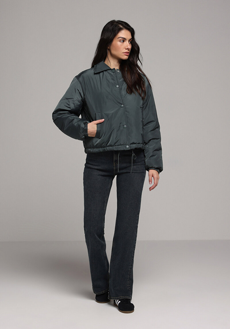 Regular Fit Polo Yaka Çıtçıtlı Astarlı Suya Dayanıklı Kadın Yeşil Mont