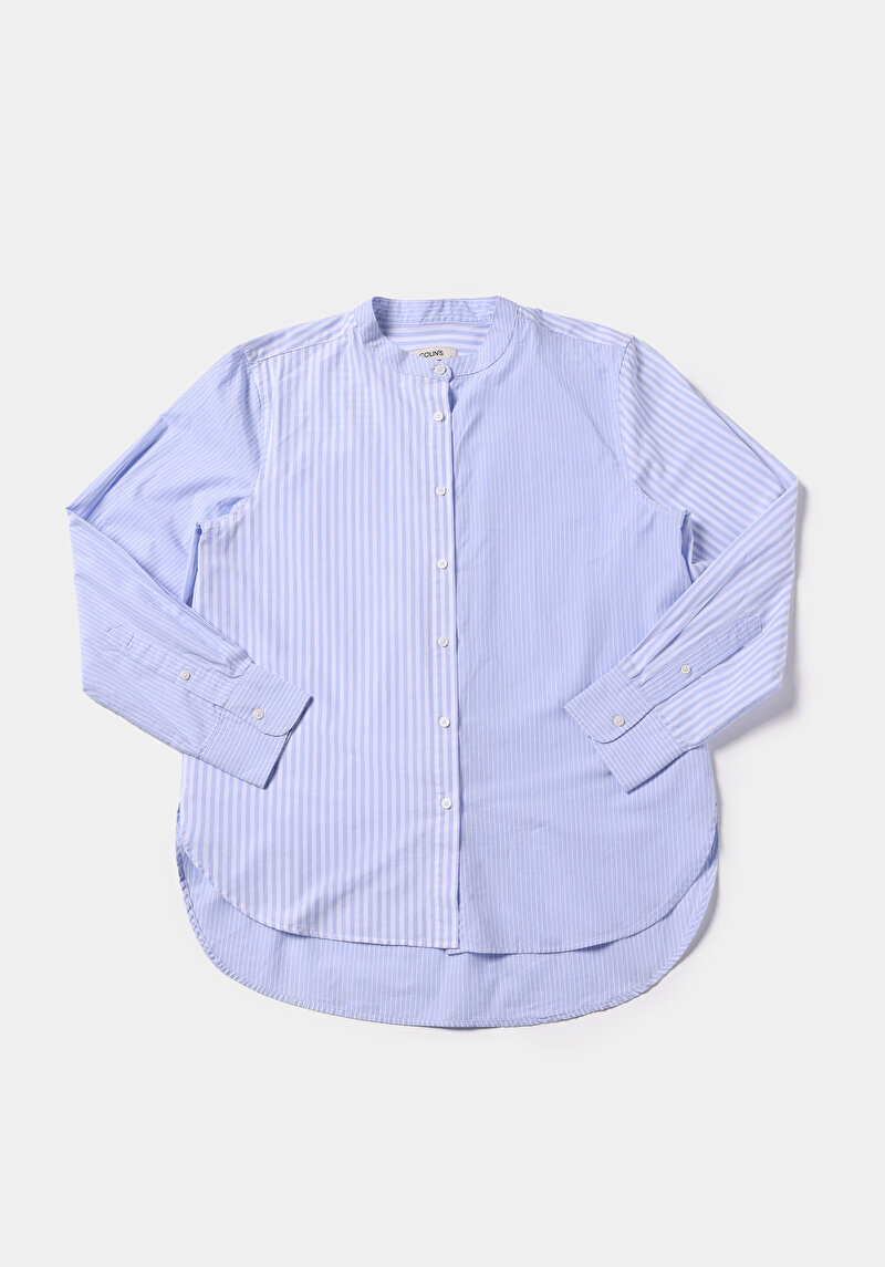 Fashion Fit Hakim Yaka Çizgili Kadın Mavi Uzun Kol Gömlek