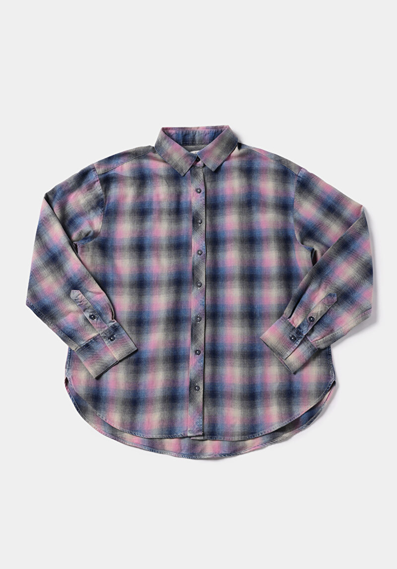 Boyfriend Fit Shirt Neck Ekoseli Kadın Mavi Uzun Kol Gömlek