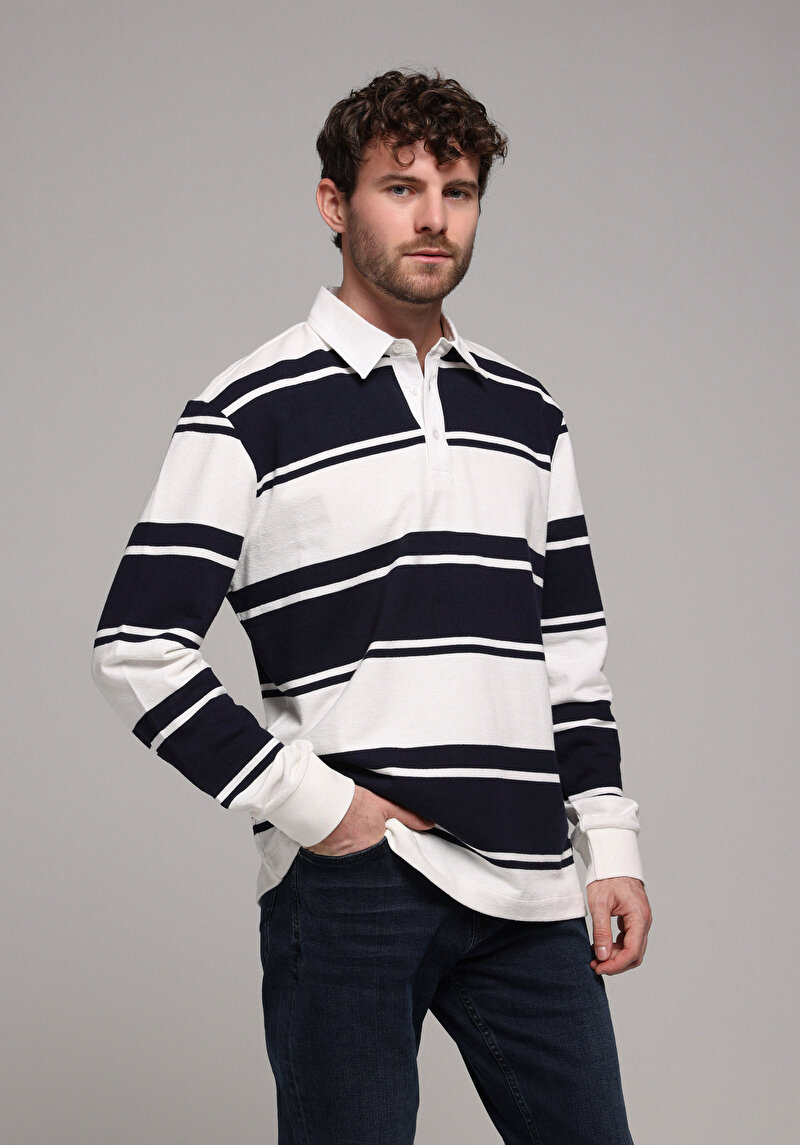 Comfort Fit Polo Yaka Çizgili Erkek Lacivert Uzun Kol Tişört