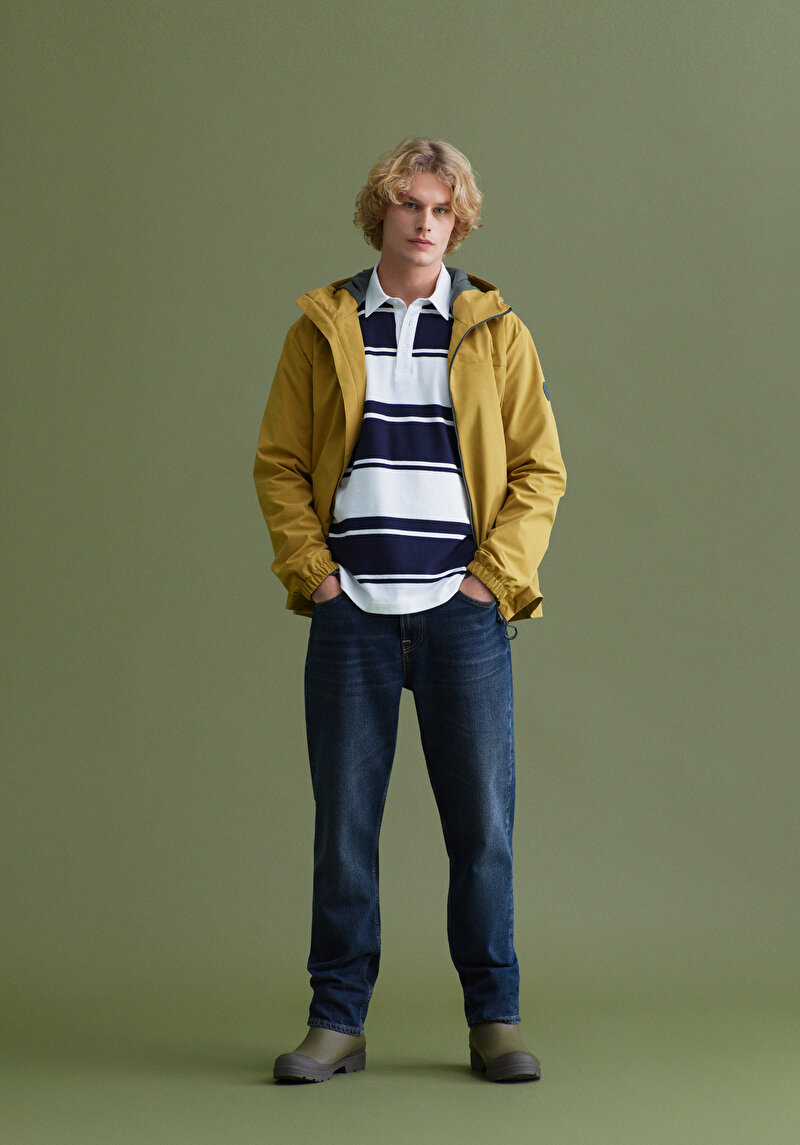 Comfort Fit Polo Yaka Çizgili Erkek Lacivert Uzun Kol Tişört