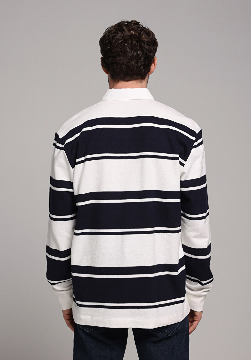 Comfort Fit Polo Yaka Çizgili Erkek Lacivert Uzun Kol Tişört