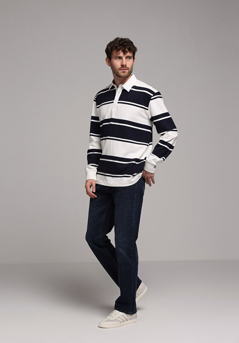 Comfort Fit Polo Yaka Çizgili Erkek Lacivert Uzun Kol Tişört