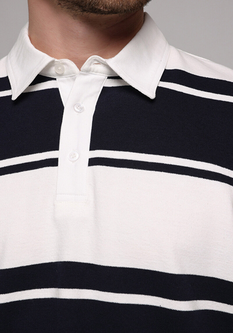 Comfort Fit Polo Yaka Çizgili Erkek Lacivert Uzun Kol Tişört