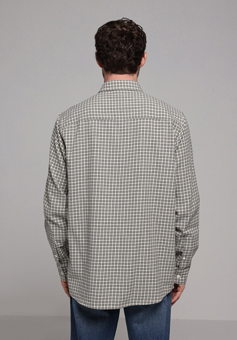 Comfort Fit Shirt Neck Ekoseli Erkek Ekru Uzun Kol Gömlek