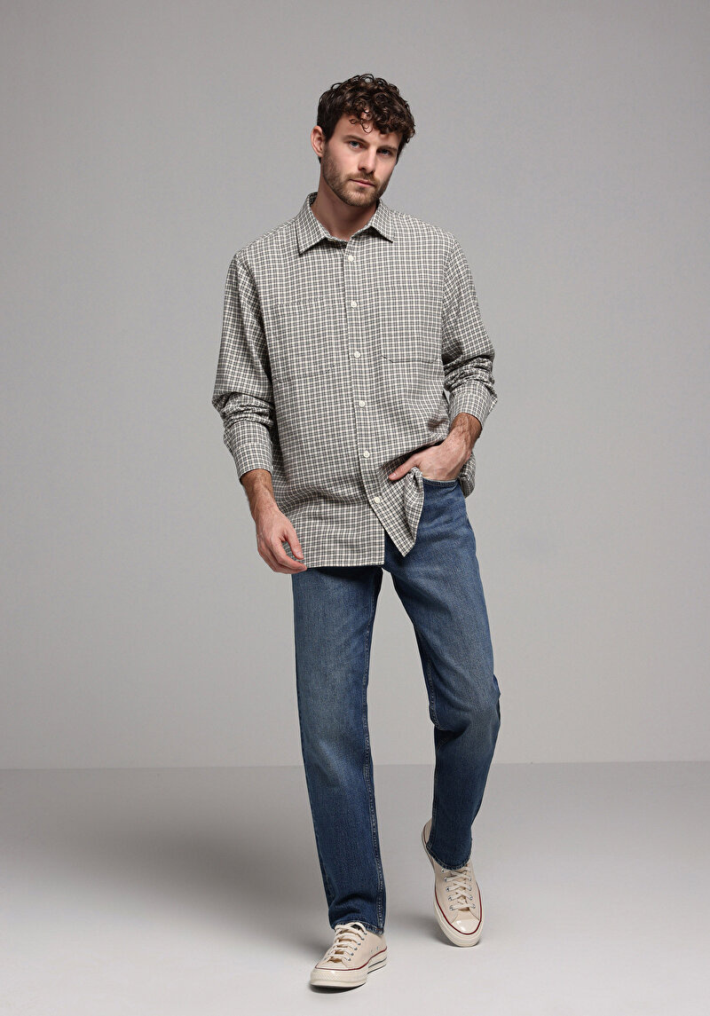 Comfort Fit Shirt Neck Ekoseli Erkek Ekru Uzun Kol Gömlek