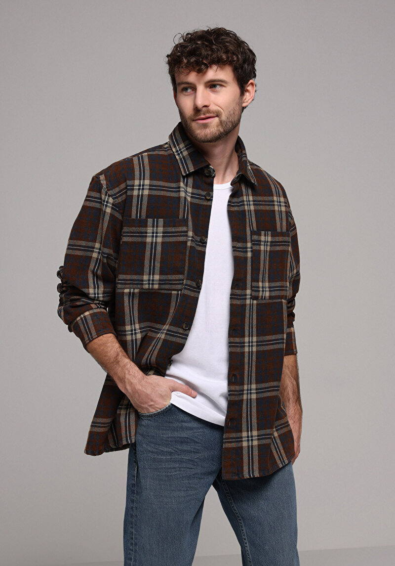 Oversize Fit Shirt Neck Ekoseli Erkek Kahverengi Uzun Kol Gömlek