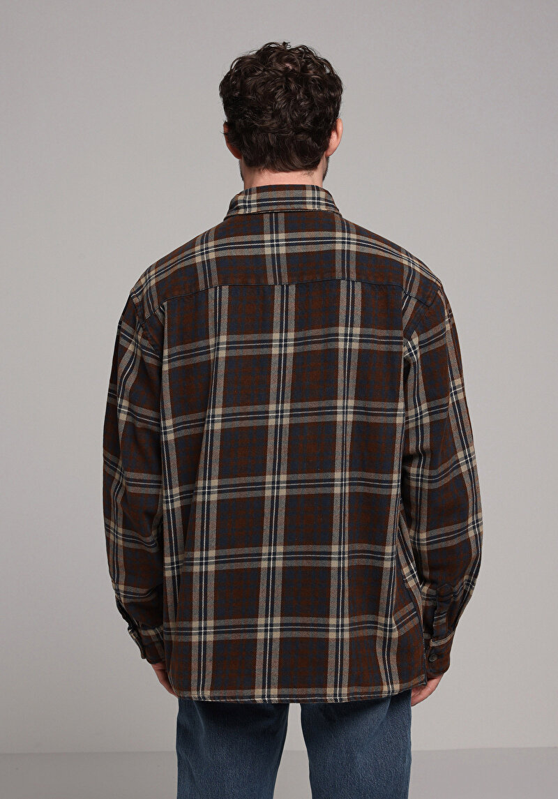 Oversize Fit Shirt Neck Ekoseli Erkek Kahverengi Uzun Kol Gömlek