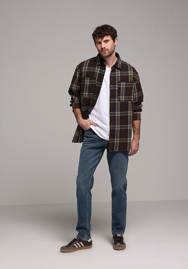 Oversize Fit Shirt Neck Ekoseli Erkek Kahverengi Uzun Kol Gömlek