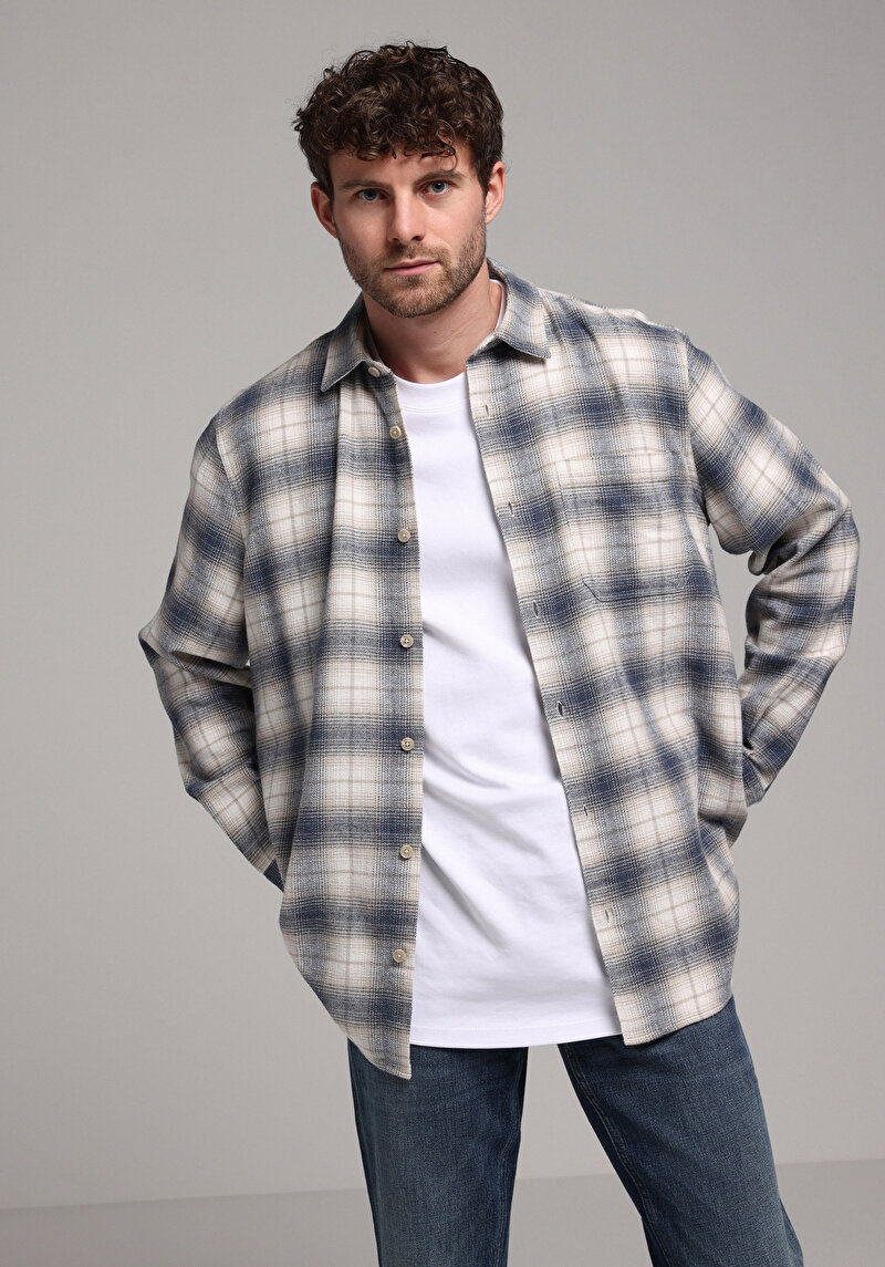 Comfort Fit Shirt Neck Ekoseli Erkek Mavi Uzun Kol Gömlek