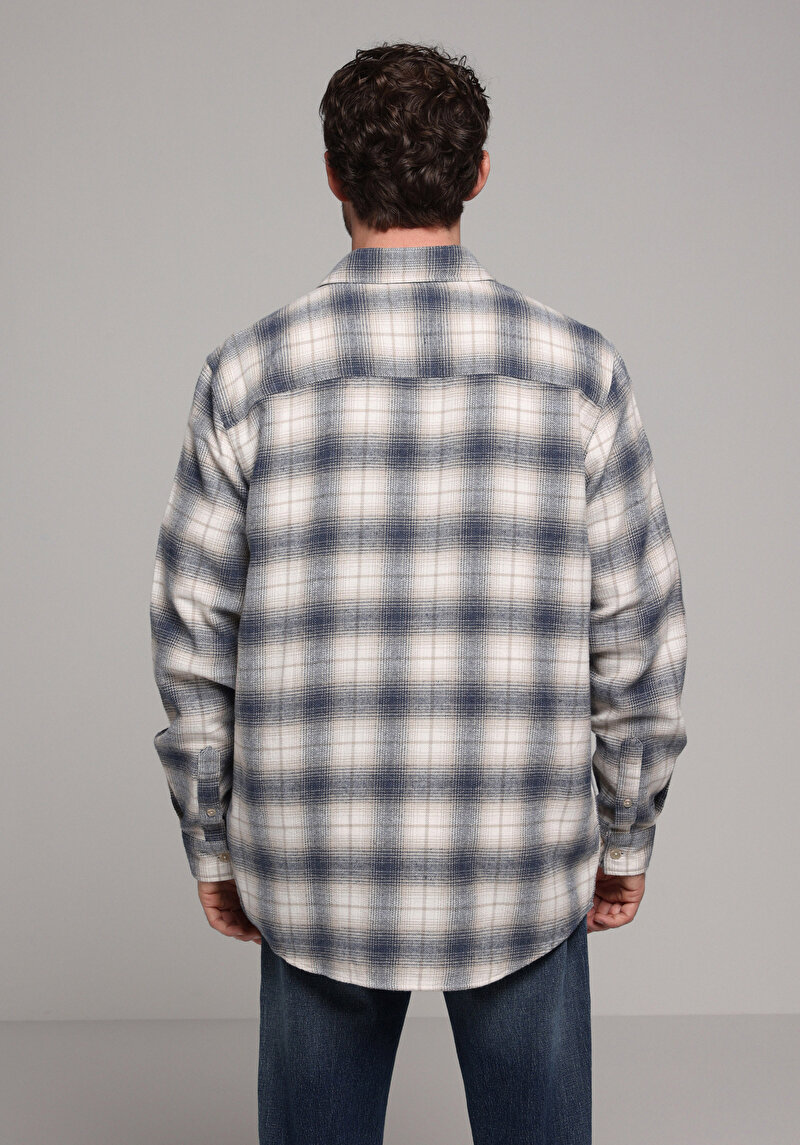 Comfort Fit Shirt Neck Ekoseli Erkek Mavi Uzun Kol Gömlek