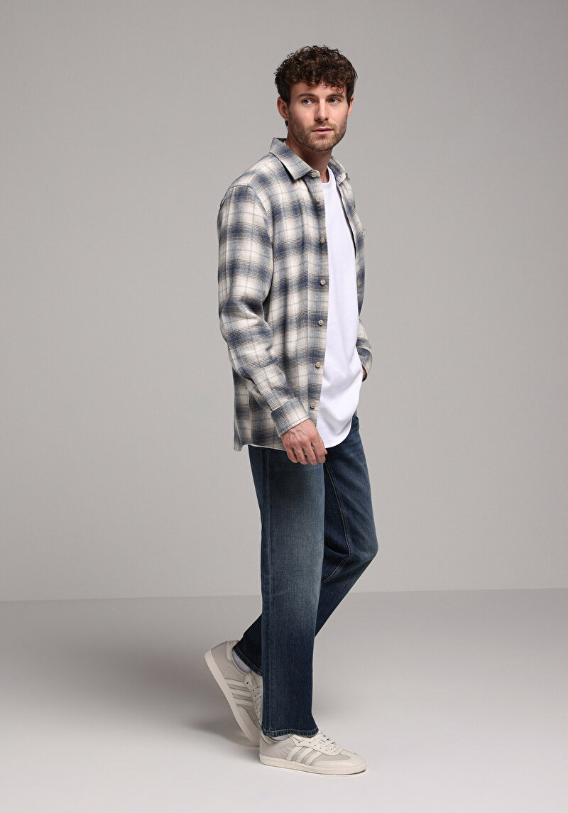 Comfort Fit Shirt Neck Ekoseli Erkek Mavi Uzun Kol Gömlek