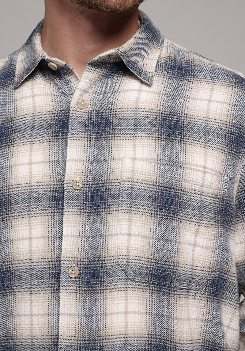 Comfort Fit Shirt Neck Ekoseli Erkek Mavi Uzun Kol Gömlek