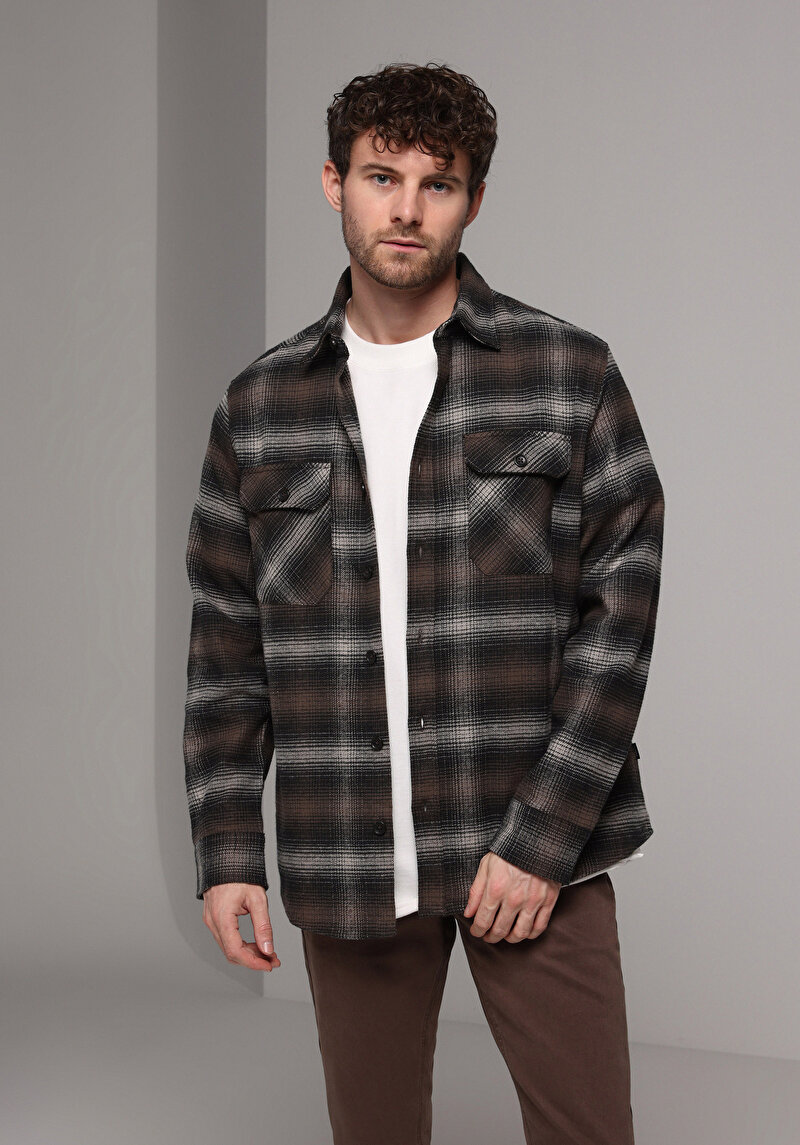 Comfort Fit Shirt Neck Ekoseli Erkek Kahverengi Uzun Kol Gömlek