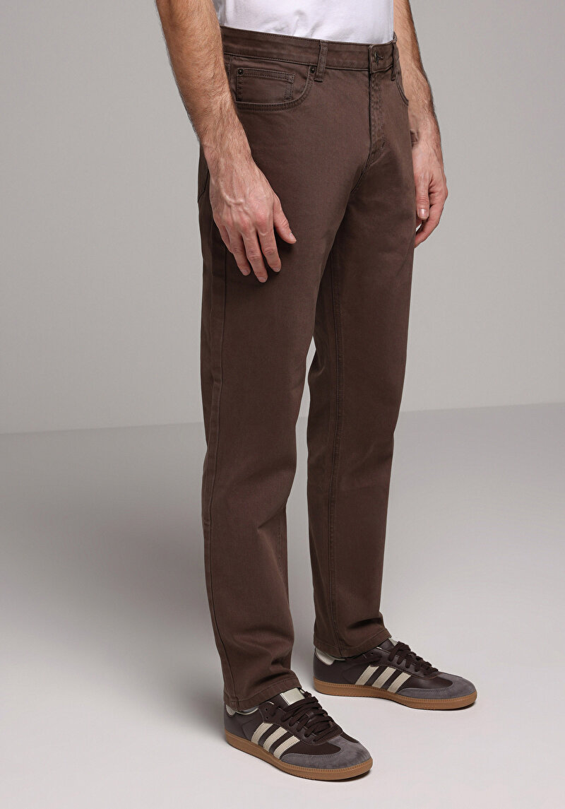 Regular Fit Orta Bel Düz Paça Erkek Kahverengi  Pantolon