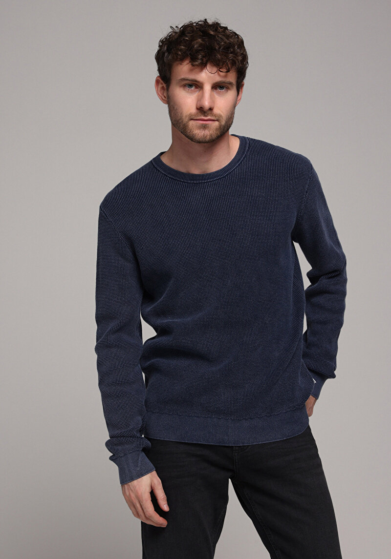 Regular Fit Yuvarlak Yaka Jakarlı Erkek Mavi Kazak