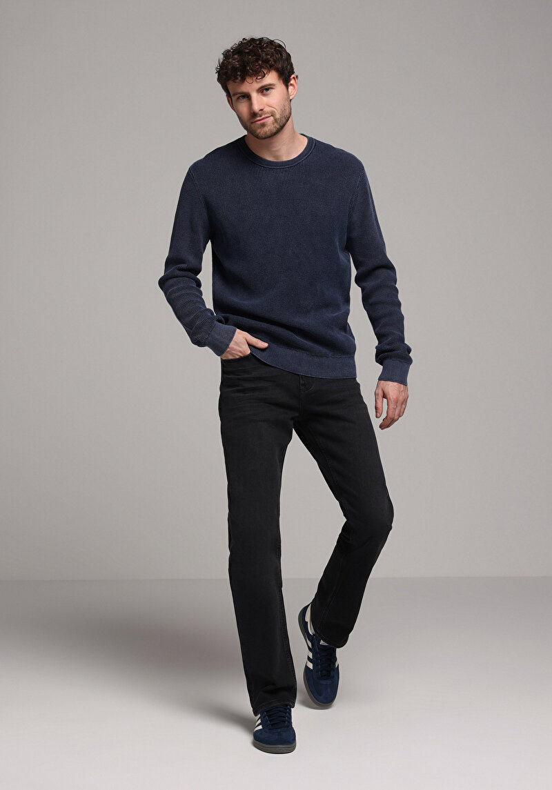 Regular Fit Yuvarlak Yaka Jakarlı Erkek Mavi Kazak