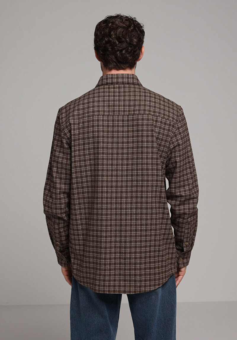Comfort Fit Shirt Neck Ekoseli Erkek Kahverengi Uzun Kol Gömlek