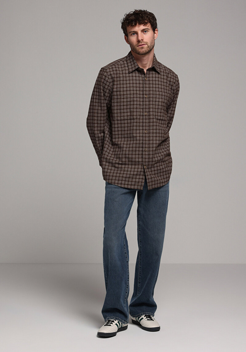 Comfort Fit Shirt Neck Ekoseli Erkek Kahverengi Uzun Kol Gömlek