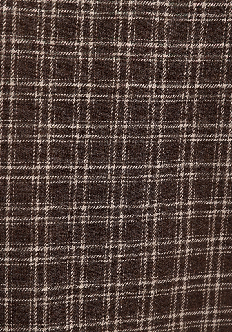 Comfort Fit Shirt Neck Ekoseli Erkek Kahverengi Uzun Kol Gömlek