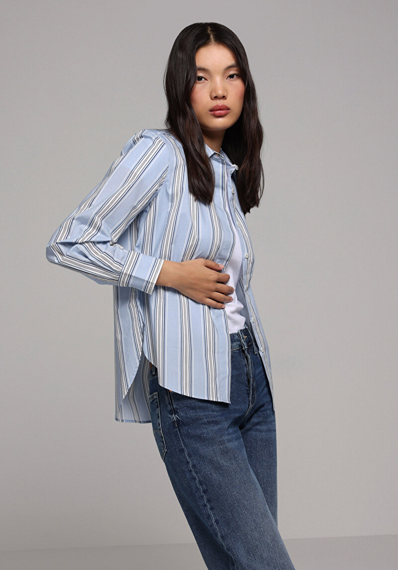 Regular Fit Shirt Neck Çizgili Kadın Mavi Uzun Kol Gömlek