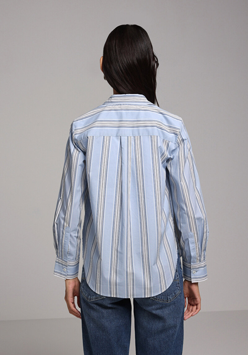 Regular Fit Shirt Neck Çizgili Kadın Mavi Uzun Kol Gömlek