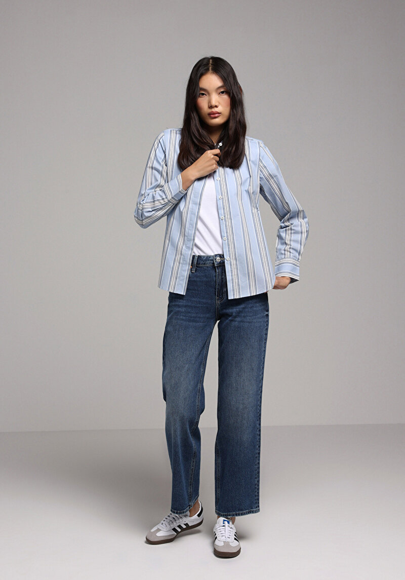 Regular Fit Shirt Neck Çizgili Kadın Mavi Uzun Kol Gömlek