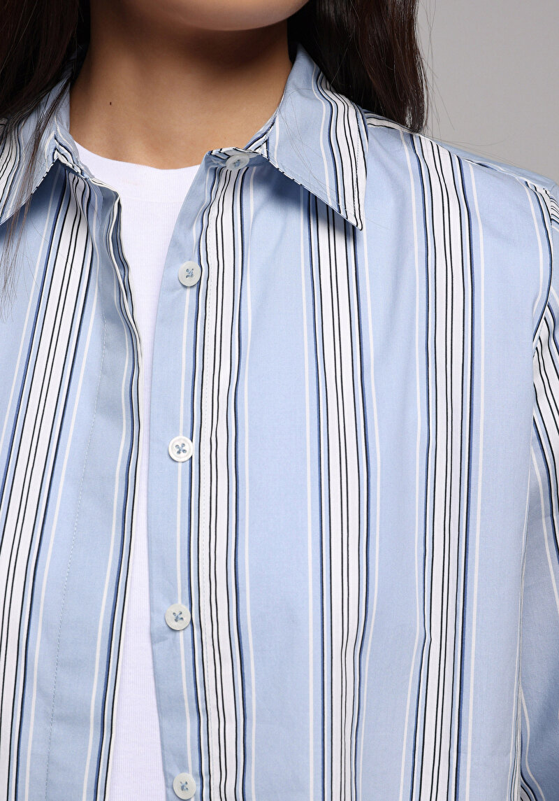 Regular Fit Shirt Neck Çizgili Kadın Mavi Uzun Kol Gömlek