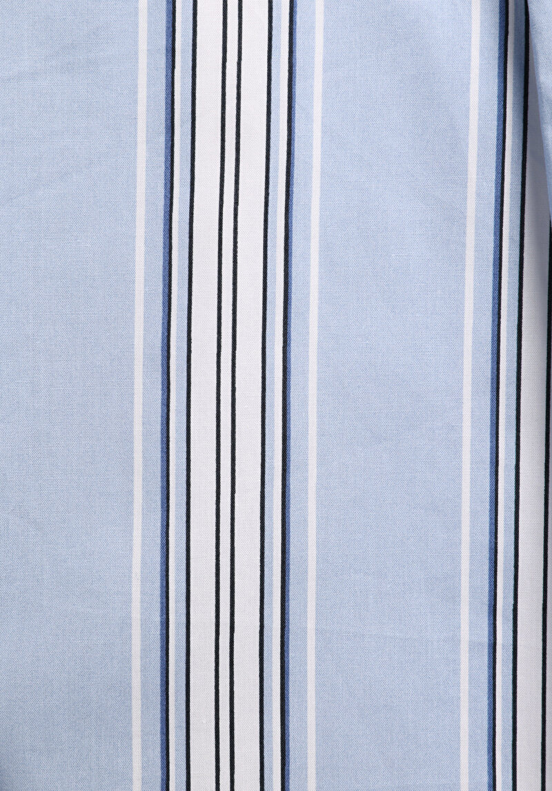 Regular Fit Shirt Neck Çizgili Kadın Mavi Uzun Kol Gömlek