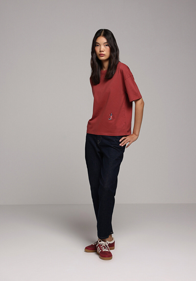 Regular Fit Yuvarlak Yaka Nakışlı Kadın Turuncu Kısa Kol Tişört