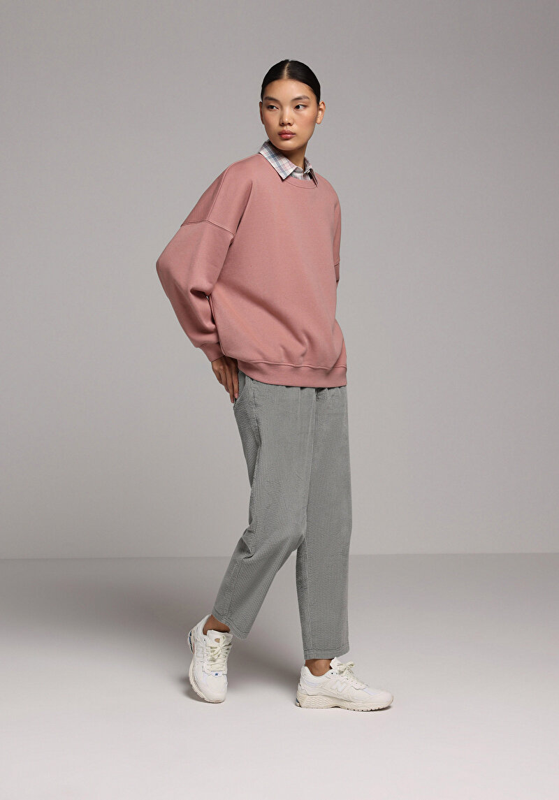 Relax Fit Yuvarlak Yaka Düz Kadın Pembe Sweatshirt