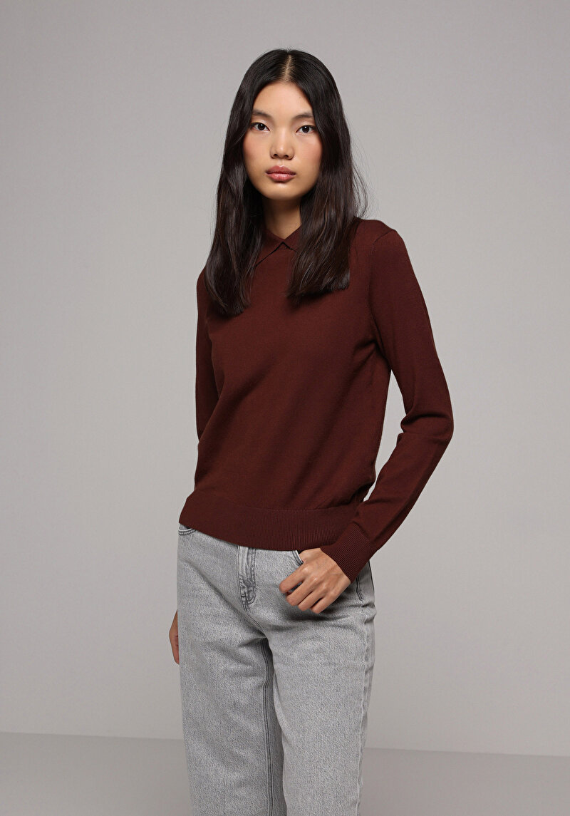 Regular Fit Polo Yaka Düz Kadın Kahverengi Kazak