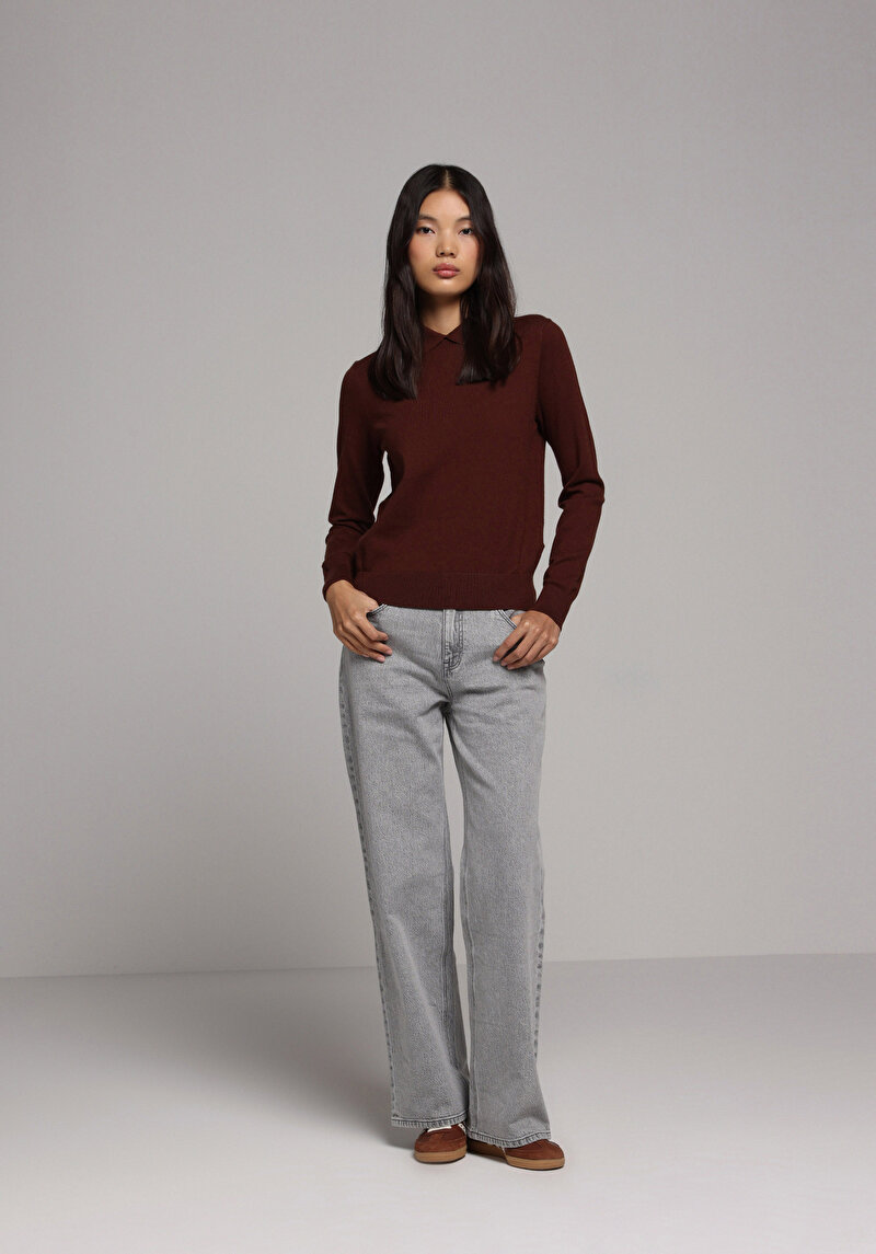 Regular Fit Polo Yaka Düz Kadın Kahverengi Kazak