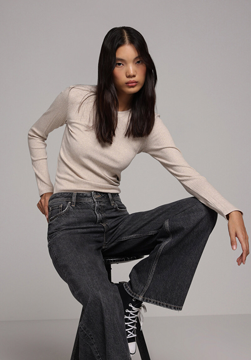 Slim Fit Kadın Bej Tişört