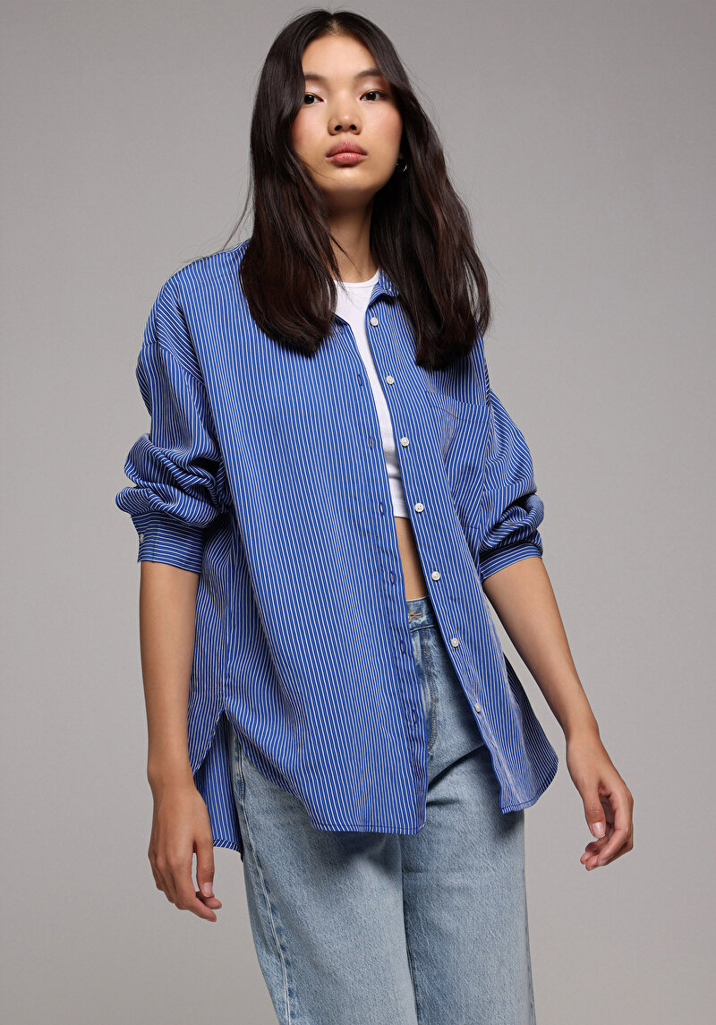 Fashion Fit Shirt Neck Çizgili Kadın Mavi Uzun Kol Gömlek