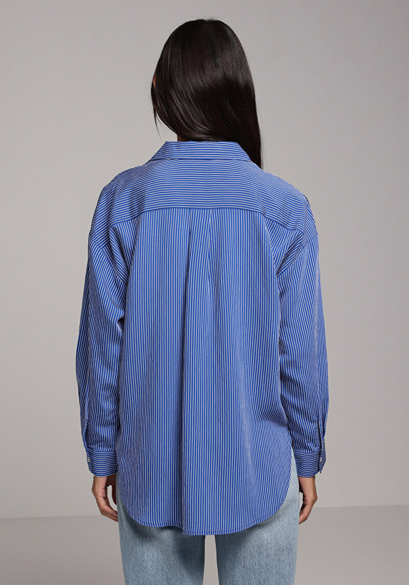 Fashion Fit Shirt Neck Çizgili Kadın Mavi Uzun Kol Gömlek