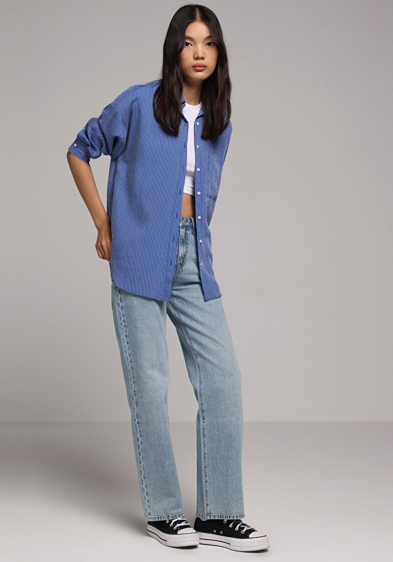 Fashion Fit Shirt Neck Çizgili Kadın Mavi Uzun Kol Gömlek