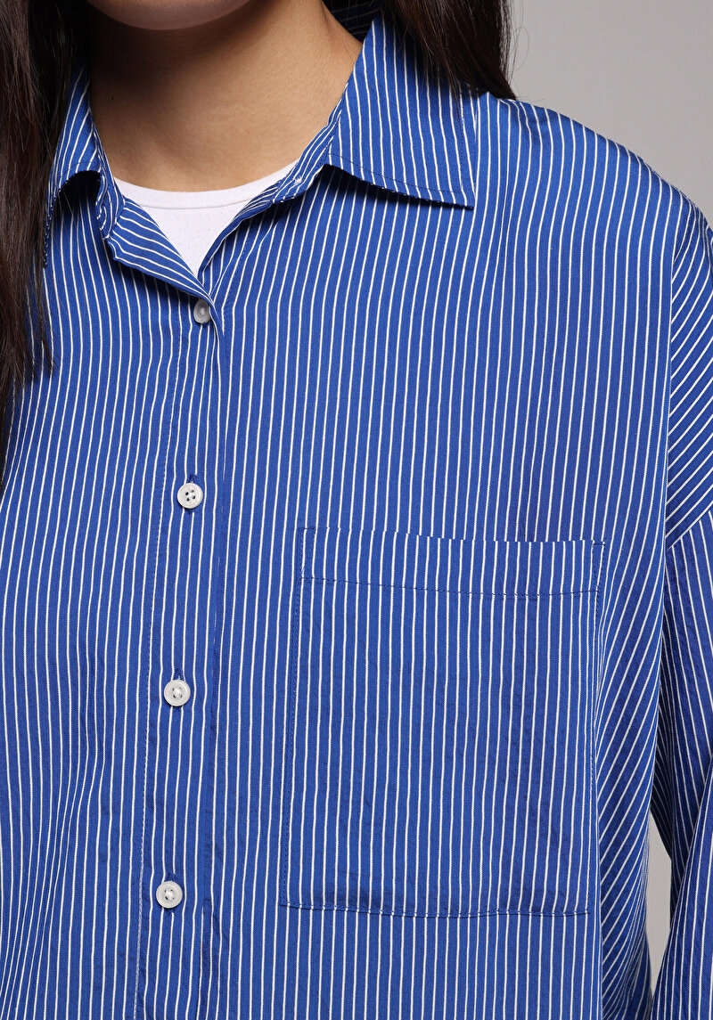 Fashion Fit Shirt Neck Çizgili Kadın Mavi Uzun Kol Gömlek