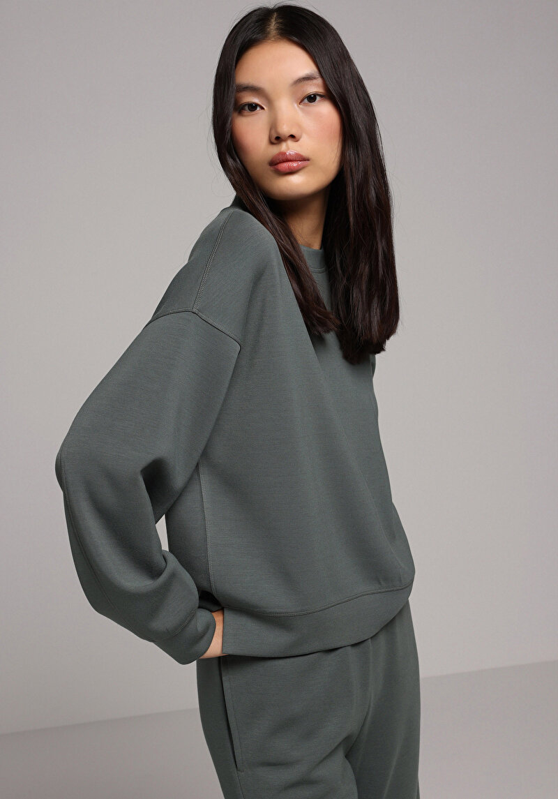 Regular Fit Yuvarlak Yaka Düz Kadın Yeşil Sweatshirt