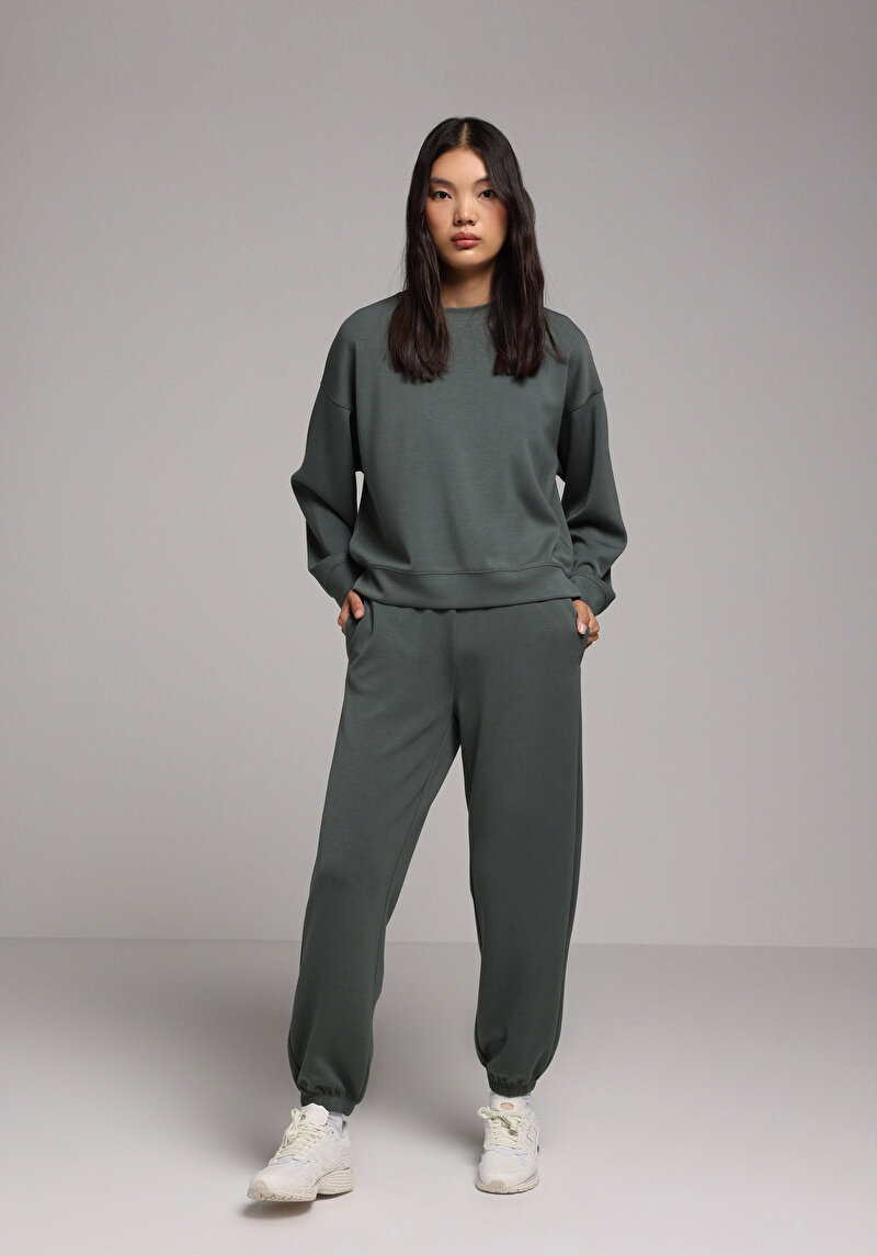 Regular Fit Yuvarlak Yaka Düz Kadın Yeşil Sweatshirt