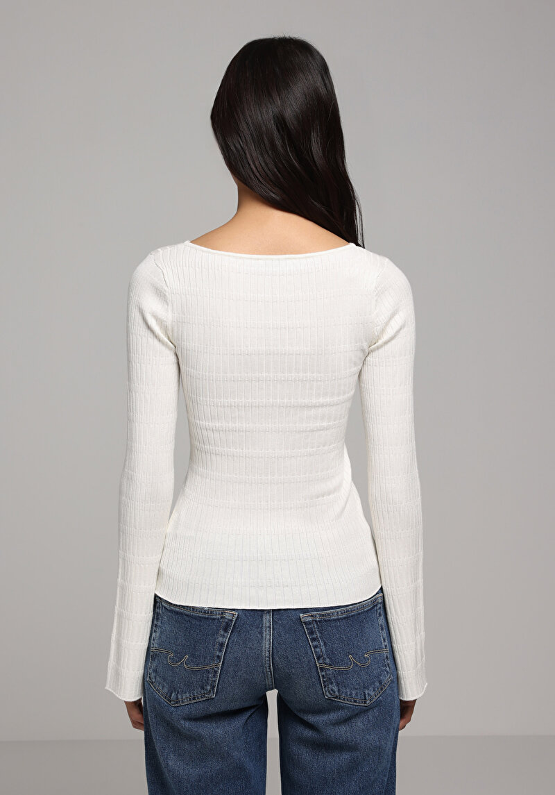 Slim Fit Kayık Yaka Düz Kadın Beyaz Kazak