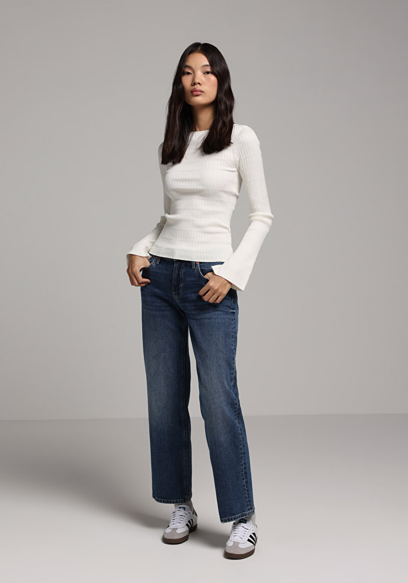 Slim Fit Kayık Yaka Düz Kadın Beyaz Kazak